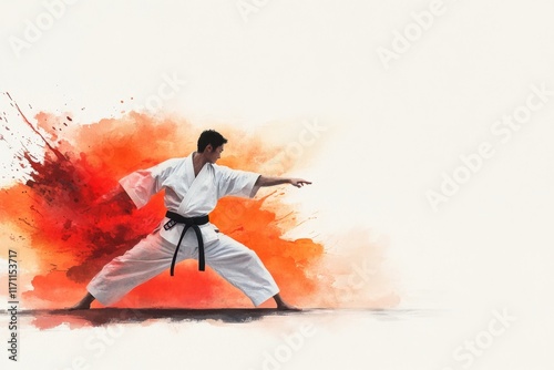 A soft watercolor painting of a karateka performing a kata in a serene dojo, blending warm and earthy tones
