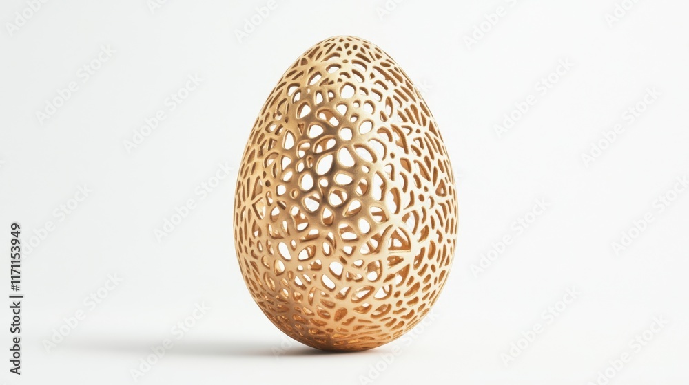 A single golden egg with delicate, detailed patterns resting on a clean white background, ideal for festive or artistic themes. A single golden egg with delicate, detailed patterns resting on a clean white background, ideal for festive or artistic themes.