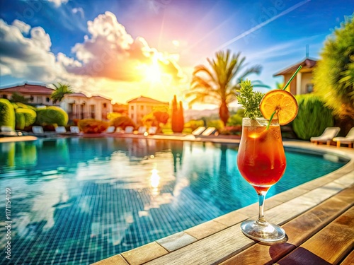 Drone footage captures idyllic poolside scene: refreshing cocktails, luxurious relaxation, ultimate summer escape. photo