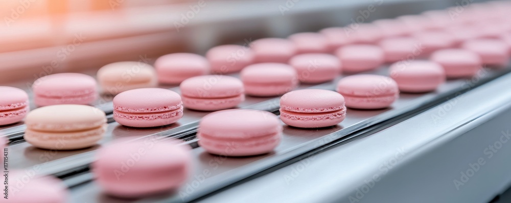 productionprocess packaging optimization. A close-up view of pink macarons on a conveyor belt, showcasing their delicate texture and uniformity in a baking or pastry production setting. productionprocess packaging optimization. A close-up view of pink macarons on a conveyor belt, showcasing their delicate texture and uniformity in a baking or pastry production setting.