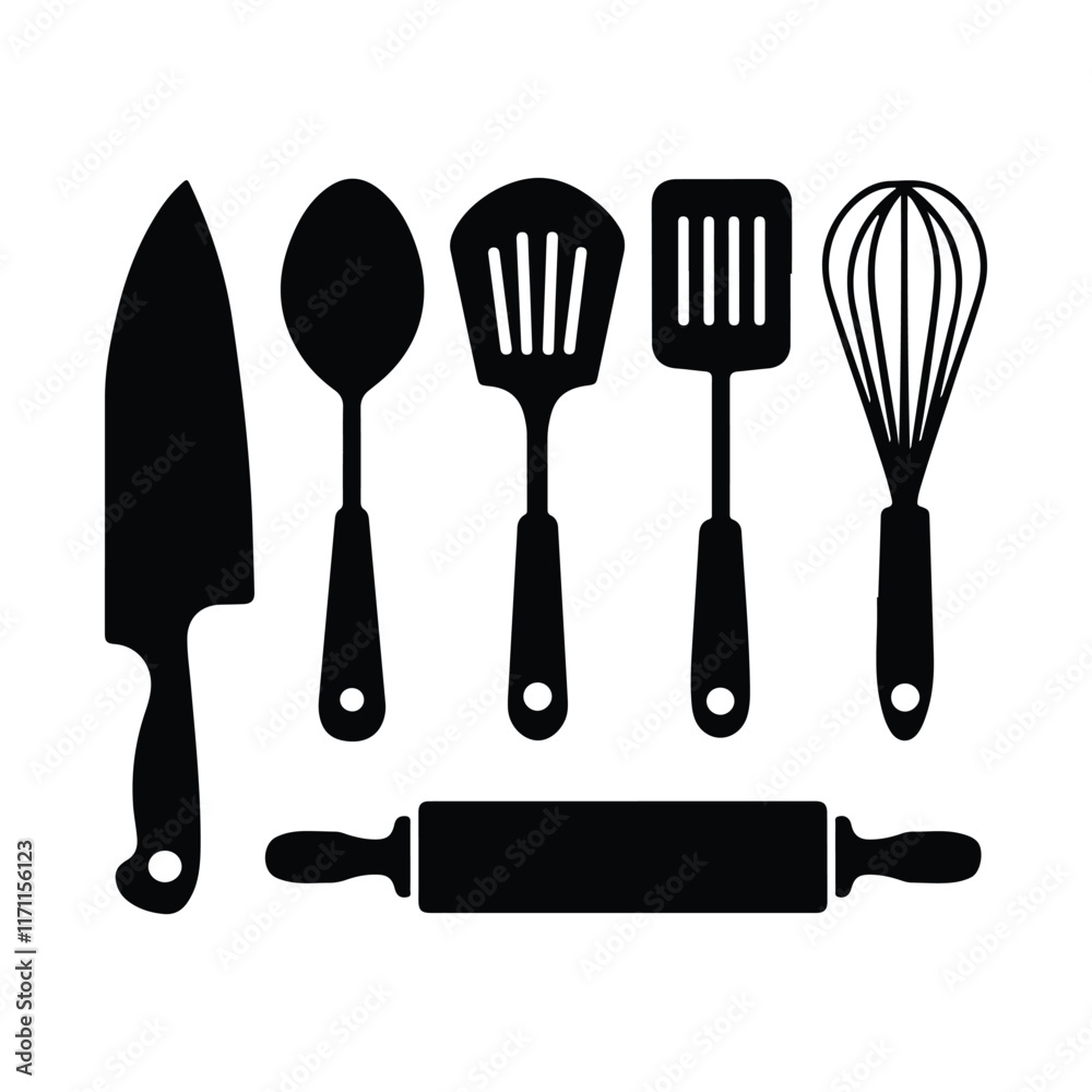 Fototapeta premium Stylish Kitchen Utensils Wall Mount Silhouette white background