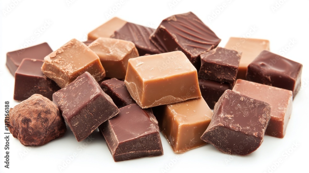 A variety of chocolate pieces, including artisanal truffles, milk, and dark chocolate squares, highlighted against a white background. A variety of chocolate pieces, including artisanal truffles, milk, and dark chocolate squares, highlighted against a white background.