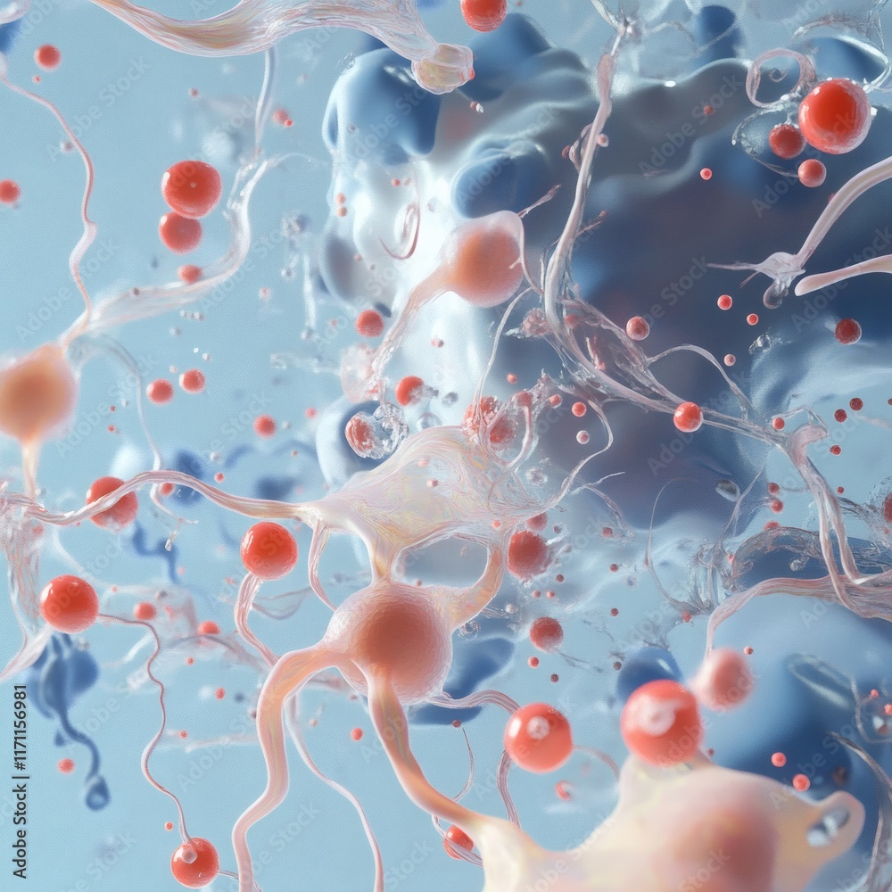 Fototapeta premium Abstract 3D render of microscopic bacteria, and human cells on blue background