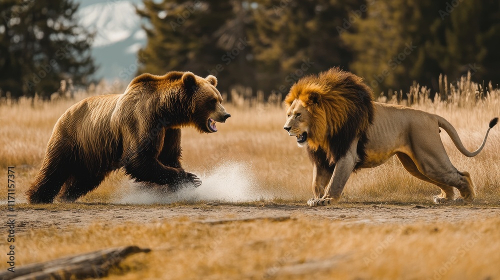 Fototapeta premium Encounter between a brown bear and a lion captured in a natural landscape with greenery and mountain backdrop during the golden hour
