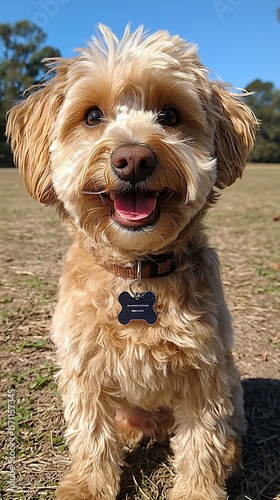 Happy fluffy dog in park.