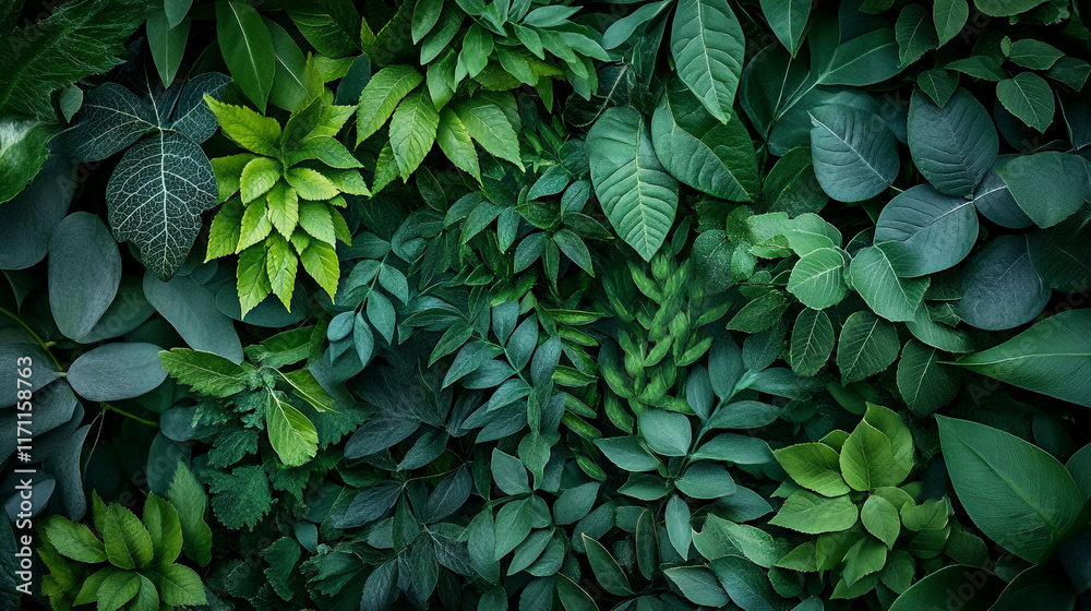 Fototapeta premium Close-up view of various green leaves showcasing diverse textures and shades in nature