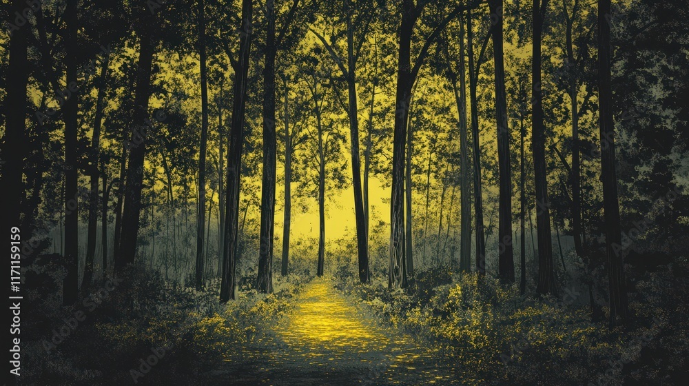 Fototapeta premium Golden Path Through a Dark Forest of Tall Trees