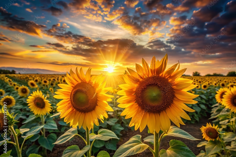 Obraz premium Sunset Sunflower Field: Vibrant Golden Petals Glow at Dusk