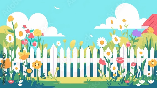 Colorful Flowers Blooming Behind White Picket Fence in Sunny Garden. photo