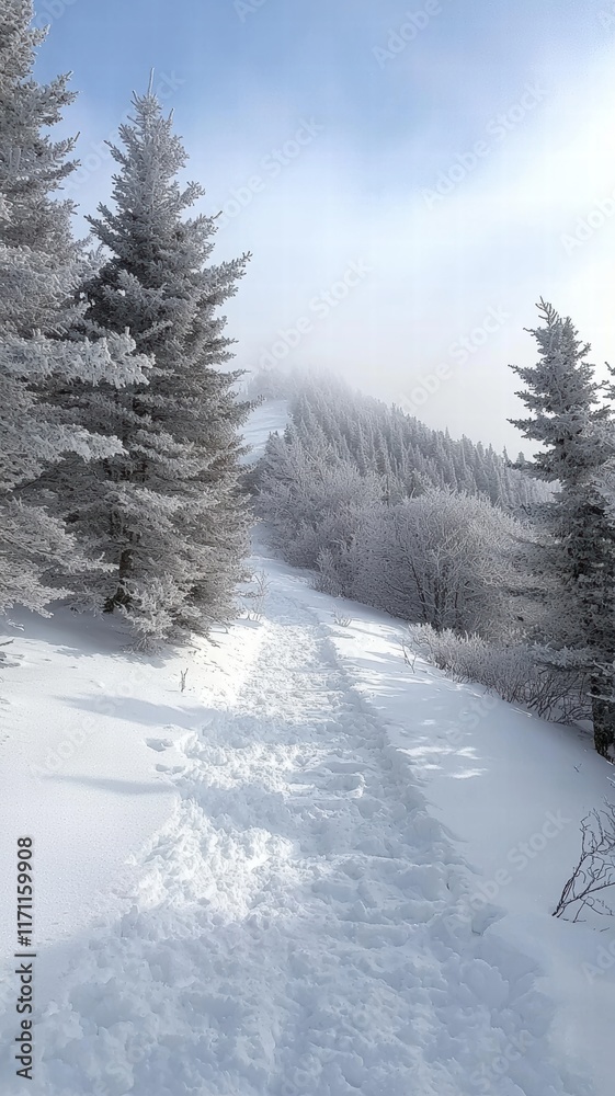 Beautiful winter landscape with snow-covered path and frosted trees against a serene, misty backdrop, perfect for conveying the magic of a snowy day. Beautiful winter landscape with snow-covered path and frosted trees against a serene, misty backdrop, perfect for conveying the magic of a snowy day.
