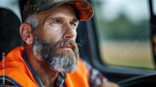 Experienced man wearing hunting attire reflects while driving a truck through a wooded area during daylight in a serene outdoor setting photo