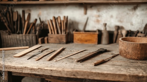 A traditional luthier's workshop featuring wooden tools and string instruments with a craftsman s hands in focus artisanal and detailed photo