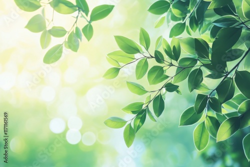 Green leaves on thin branches illuminated by soft sunlight, set against a glowing bokeh background, evoking freshness and tranquility photo