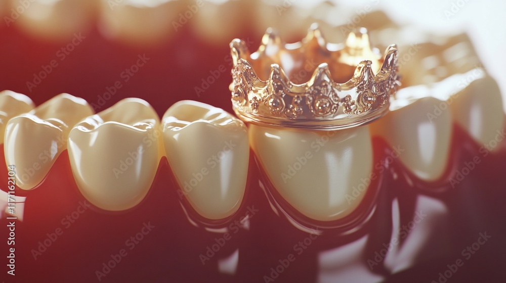 A golden crown resting on a set of teeth, symbolizing dental health or luxury. A golden crown resting on a set of teeth, symbolizing dental health or luxury.