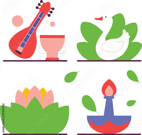 This image showcases four vibrant, flat-style illustrations representing Indian cultural elements.