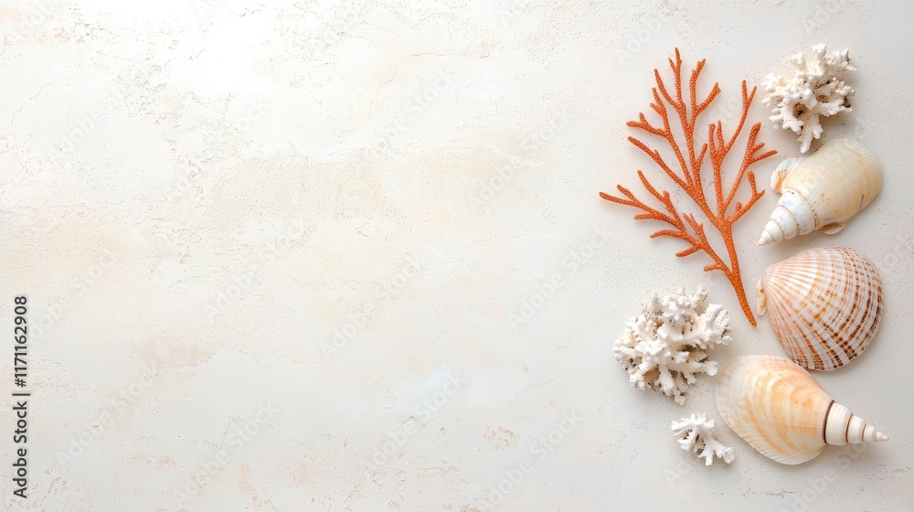 Obraz premium Colorful Sea Shells and Coral on Soft Textured Background for Beach and Ocean Themes