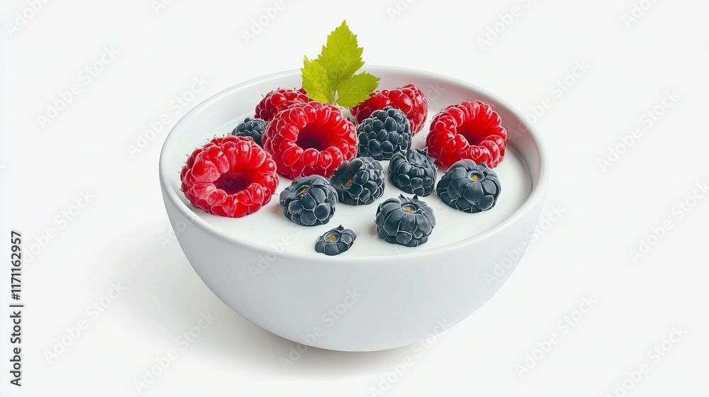 Fresh Yogurt Bowl with Raspberries and Blackberries on White Background Fresh Yogurt Bowl with Raspberries and Blackberries on White Background