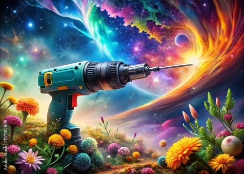 Surreal Close-up of a Pozidrive Screwdriver, Floating in a Dreamlike Landscape photo