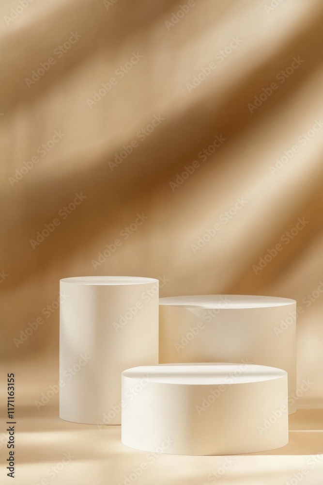 White cylindrical objects arranged aesthetically on a soft beige background with gentle light casting soft shadows and reflections