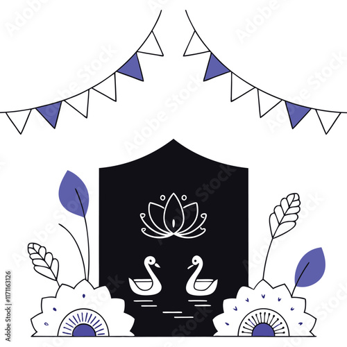 A stylized illustration featuring a black, tent-like structure decorated with blue and white triangular banners.