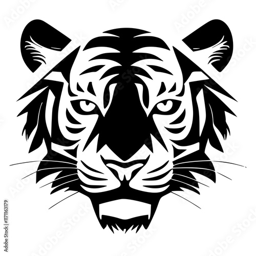 Vibrant black tiger face vector art on white canvas. Contemporary minimalist style, single-color flat design, crisp clean lines, geometric forms, bold piercing eyes, fierce demeanor, created using Ado