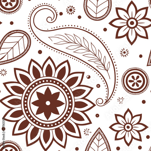 This seamless pattern features intricate paisley designs, floral motifs, and decorative elements in a rich brown color against a crisp white background.