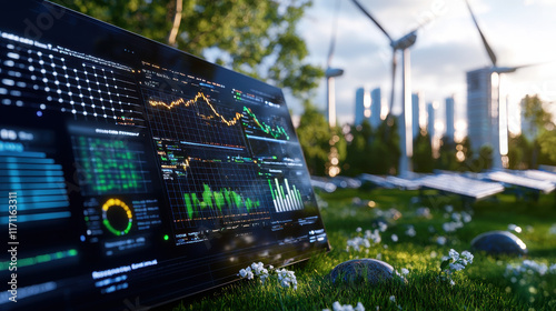digital dashboard displaying data on renewable energy trends, featuring graphs and statistics, with wind turbines and solar panels in background, showcasing sustainable future
