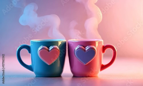 Pair of mugs with heart-shaped handles, steaming gently, set against a pastel-toned backdrop.
