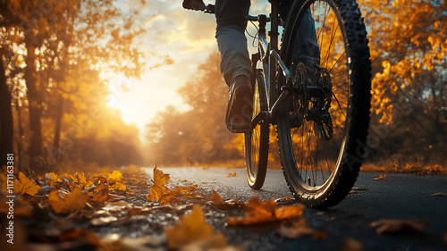 riding a mountainbike during fall in the road during sunrise with a low Angle 