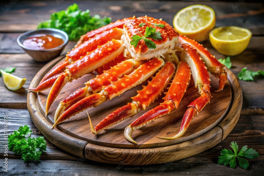 Savor the Alaskan King Crab: a luxurious seafood platter, perfectly complemented by lemon butter. Savor the Alaskan King Crab: a luxurious seafood platter, perfectly complemented by lemon butter.