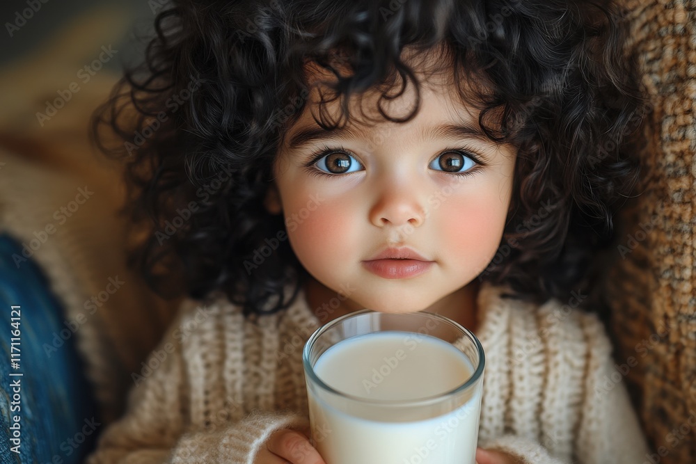 Curly haired young child holding a glass of milk while sitting on a cozy couch during a bright morning Curly haired young child holding a glass of milk while sitting on a cozy couch during a bright morning