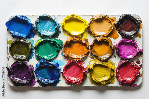 Colorful oil paint palette on white background photo