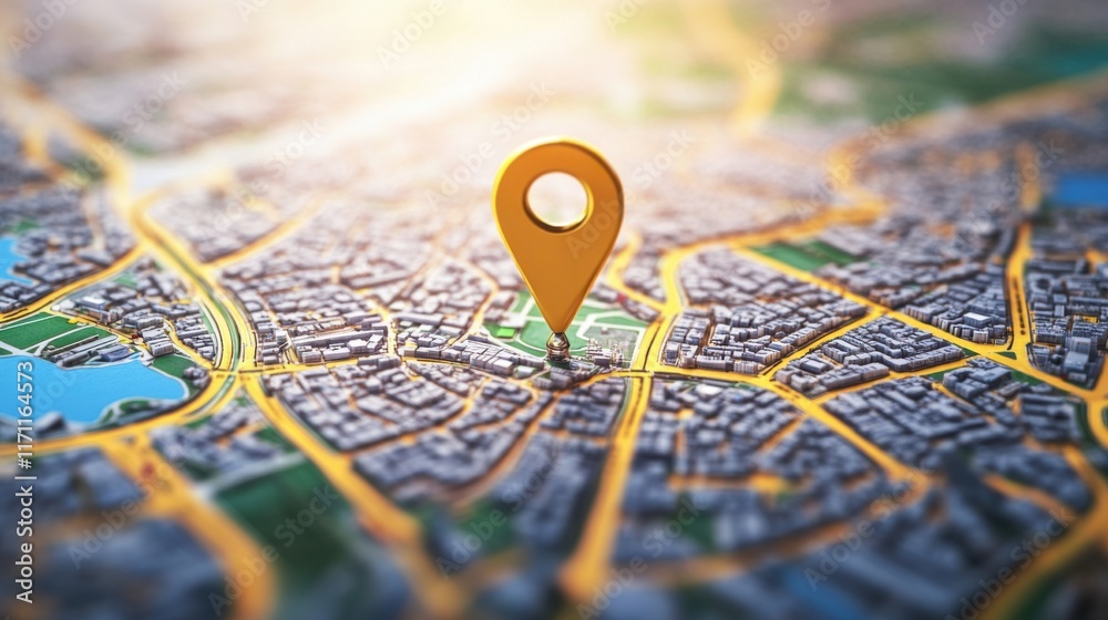 Map displaying a location pin highlighting a specific area in an urban environment with streets and water bodies visible during sunset Map displaying a location pin highlighting a specific area in an urban environment with streets and water bodies visible during sunset