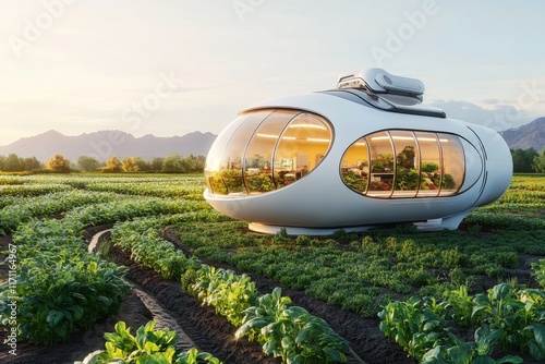 A futuristic smart kitchen with holographic displays, self-cleaning countertops, and robotic arms assisting with meal preparation