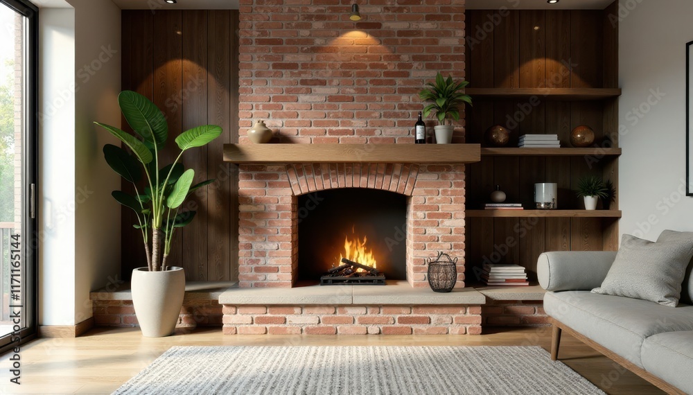 Brick structure of a traditional fireplace stands as a focal point in a modern home's living area, brick construction, stone wall, brick fireplace Brick structure of a traditional fireplace stands as a focal point in a modern home's living area, brick construction, stone wall, brick fireplace