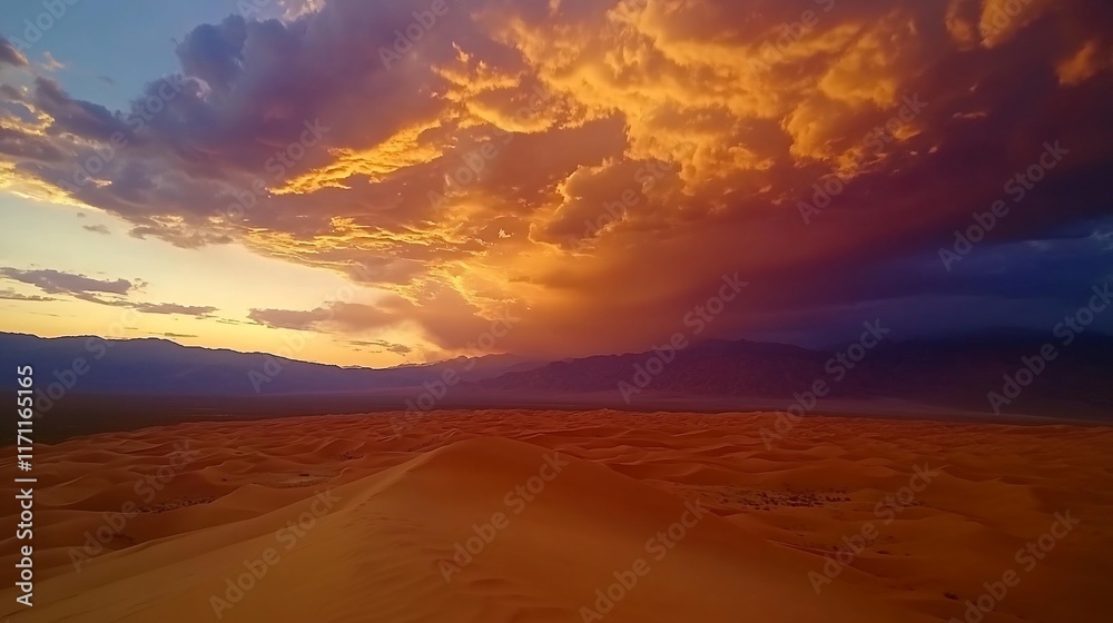 Dramatic sunset over desert sand dunes with distant mountains Dramatic sunset over desert sand dunes with distant mountains