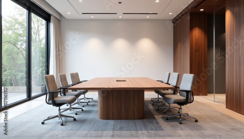 A modern meeting room mockup with a large conference table, minimal design, no people, and soft lighting