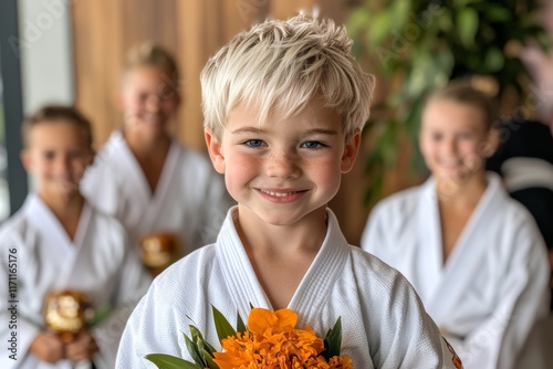 A young karateka proudly holding a trophy after winning a competition, with teammates cheering in the background photo