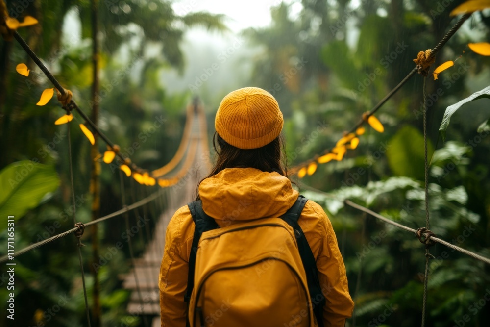 Naklejka premium An adventurous jungle trekker crossing a rope bridge over a deep ravine surrounded by dense greenery