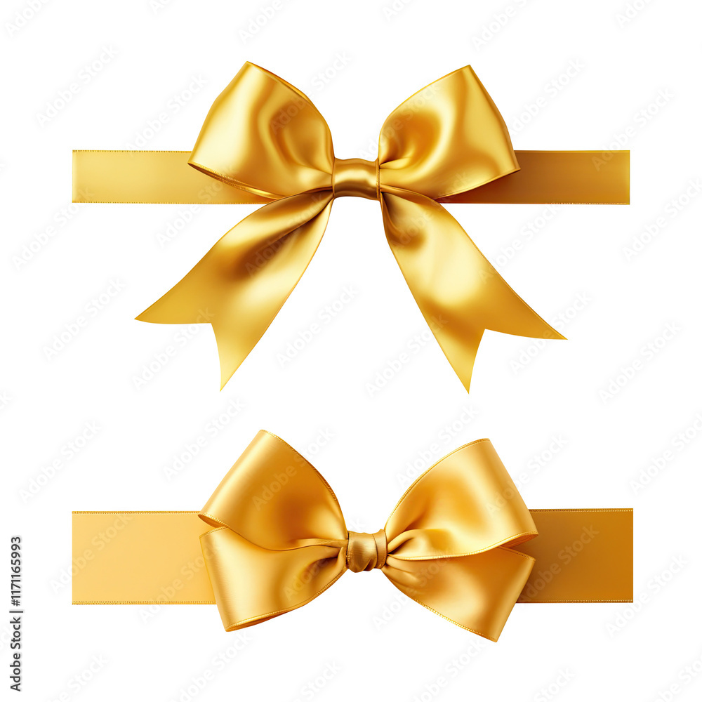 Set of Gold bow and ribbon shiny satin for invitation, greeting card, gift Set of Gold bow and ribbon shiny satin for invitation, greeting card, gift