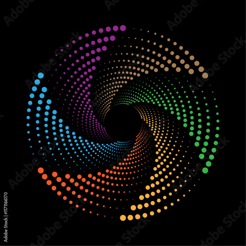 Spiral abstract swirl circular background. Hypnotic colorful halftone circular patterns design.