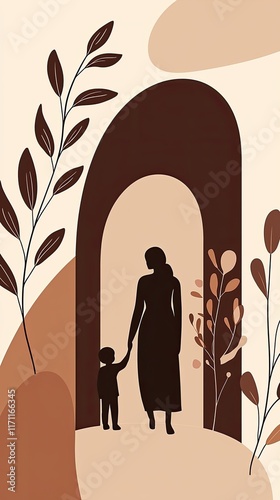 Abstract Silhouette of Mother and Child Walking Through Archway Nature Inspired Artwork