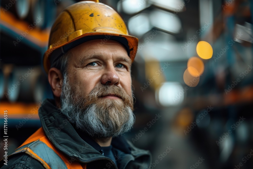 Portrait of a worker in a warehouse environment wearing a safety helmet and reflective gear, showcasing dedication and professionalism in an industrial setting during daylight Portrait of a worker in a warehouse environment wearing a safety helmet and reflective gear, showcasing dedication and professionalism in an industrial setting during daylight