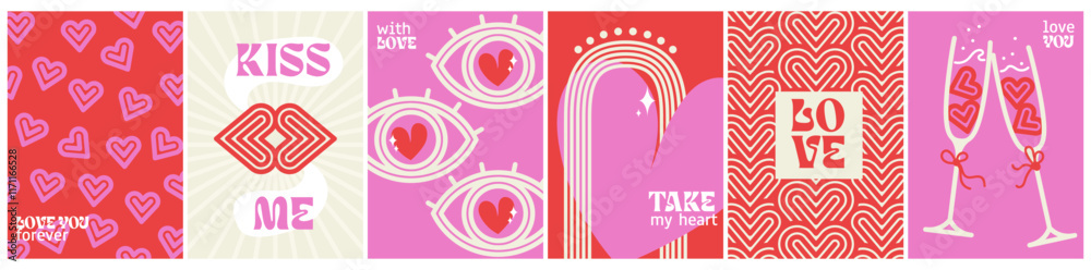 valentine day poster set. abstract, retro design wavy line, love cover