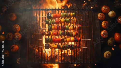 A top-down view of colorful vegetable and chicken skewers on a grill, with flames licking up from below and a smoky atmosphere enhancing the scene.