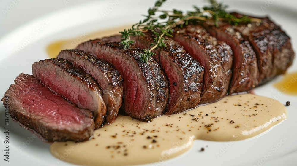 Savory grilled steak with a rich sauce and fresh herbs served on a white plate, showcasing a gourmet culinary experience Savory grilled steak with a rich sauce and fresh herbs served on a white plate, showcasing a gourmet culinary experience