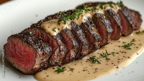 Juicy beef tenderloin served with creamy sauce and fresh herbs garnished beautifully on a fine dining plate