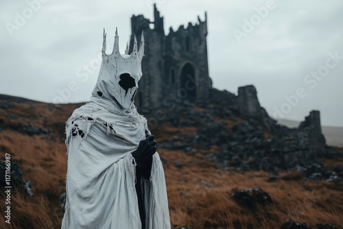 A haunting depiction of a ghostly king in tattered royal robes, standing in a desolate, ruined castle photo