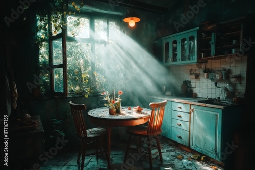 A haunting depiction of an abandoned kitchen, with broken tiles, eerie lighting, and shadows casting a mysterious vibe photo