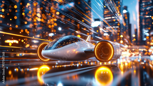 Futuristic vehicle speeding through vibrant cityscape at night, showcasing advanced technology and dynamic lighting effects, creating sense of motion and excitement photo